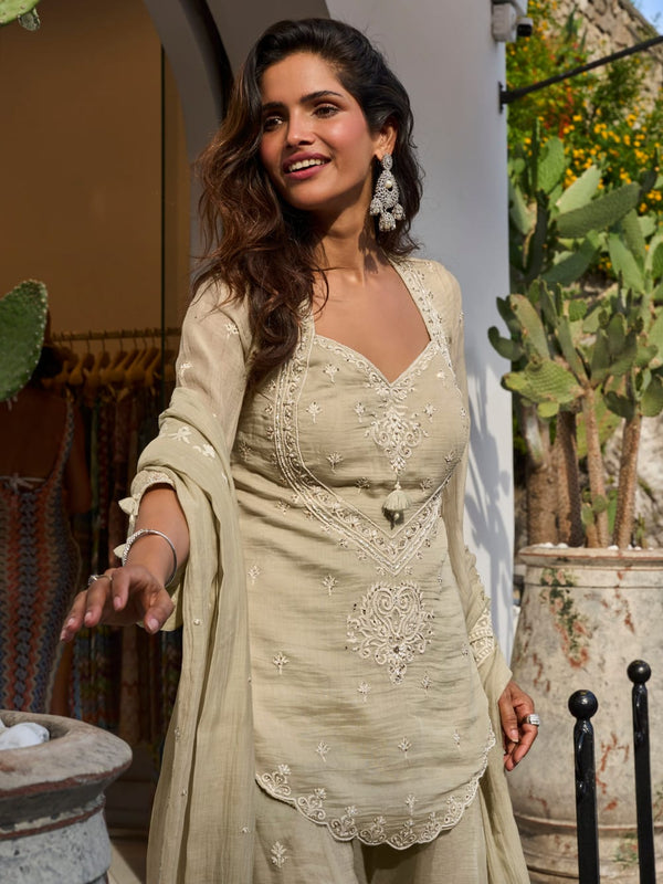 Beige Embroidered Mul Silk Palazzo Suit Set with Dupatta