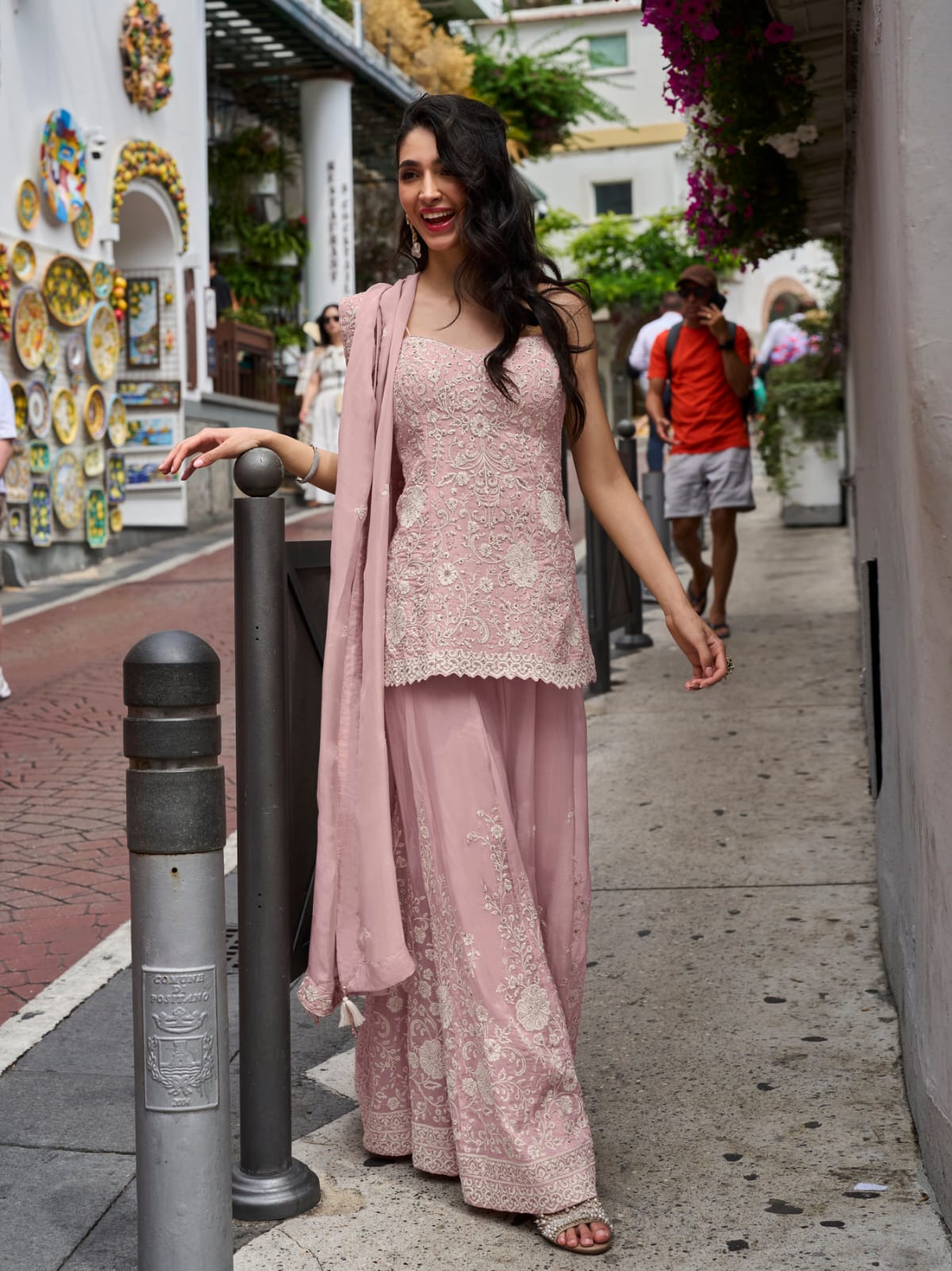 Blush Pink Embroidered Mul Silk Palazzo Suit Set with Dupatta