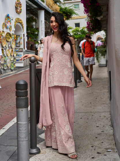 Blush Pink Embroidered Mul Silk Palazzo Suit Set with Dupatta