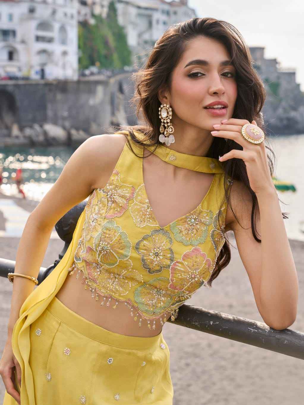 Yellow Chinon Silk Palazzo Suit with Hand Beaded Embroidered Blouse