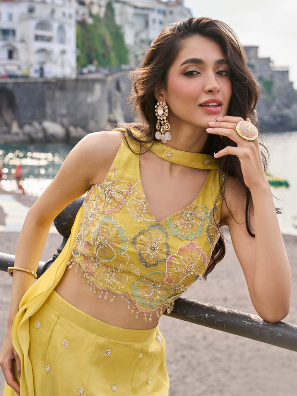 Yellow Chinon Silk Palazzo Suit with Hand Beaded Embroidered Blouse