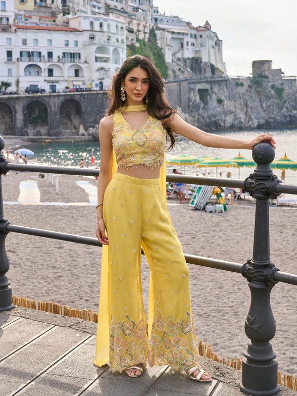 Yellow Chinon Silk Palazzo Suit with Hand Beaded Embroidered Blouse