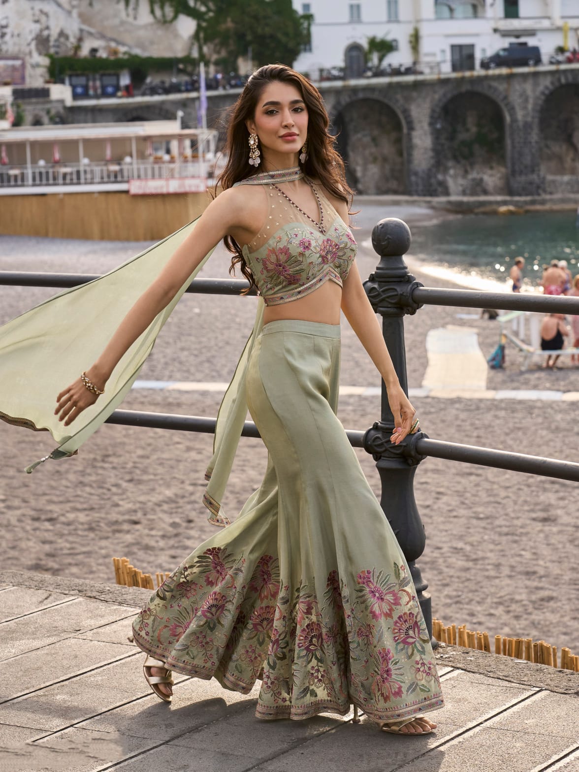 Sage Green Chinon Silk Palazzo Suit with Floral Beaded Blouse