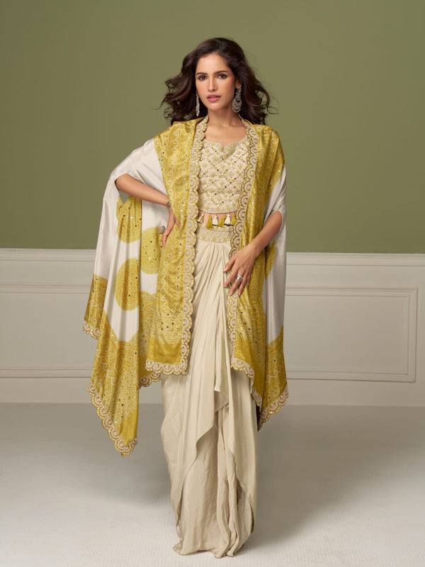 Yellow Real Chinon Embroidered Palazzo Suit with Printed Dupatta