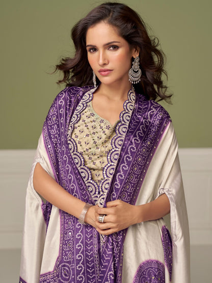 Purple Real Chinon Embroidered Palazzo Suit with Digital Print Dupatta