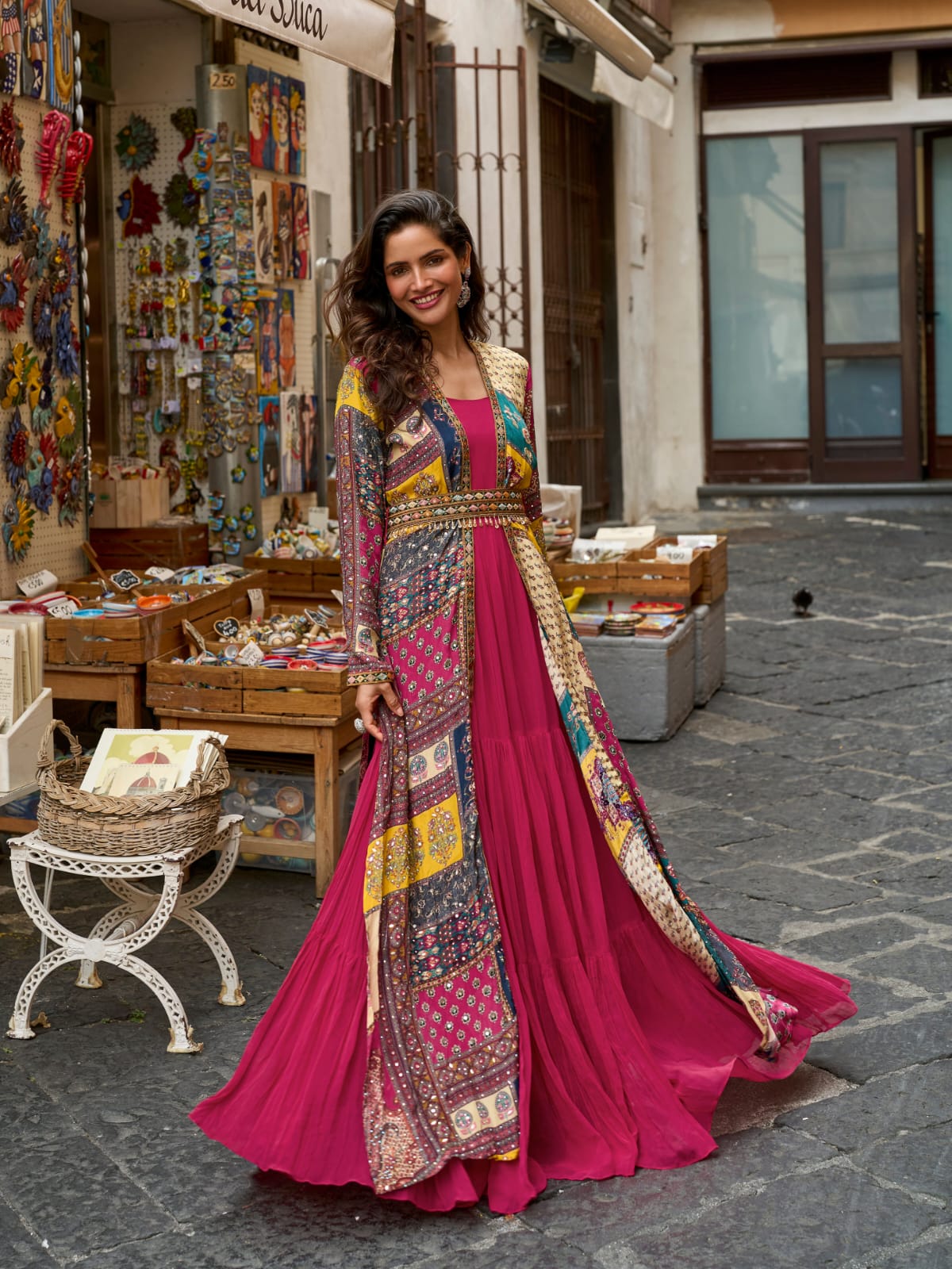 Magenta Embroidered Gown with Multicolor Digital Printed Jacket
