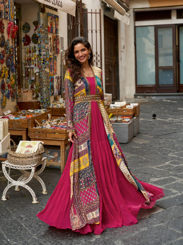 Magenta Embroidered Gown with Multicolor Digital Printed Jacket