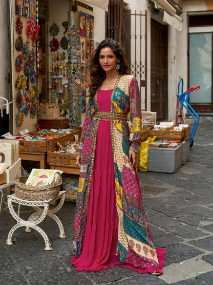 Magenta Embroidered Gown with Multicolor Digital Printed Jacket