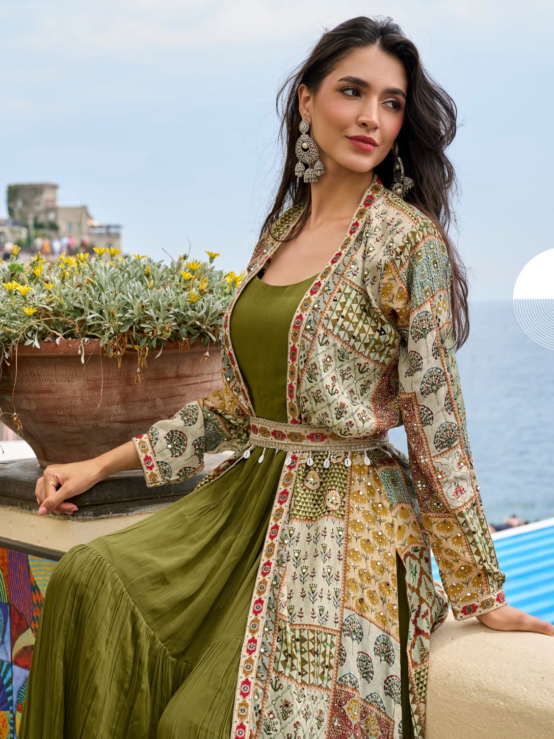 Olive Green Embroidered Gown with Multicolor Printed Jacket &amp; Belt