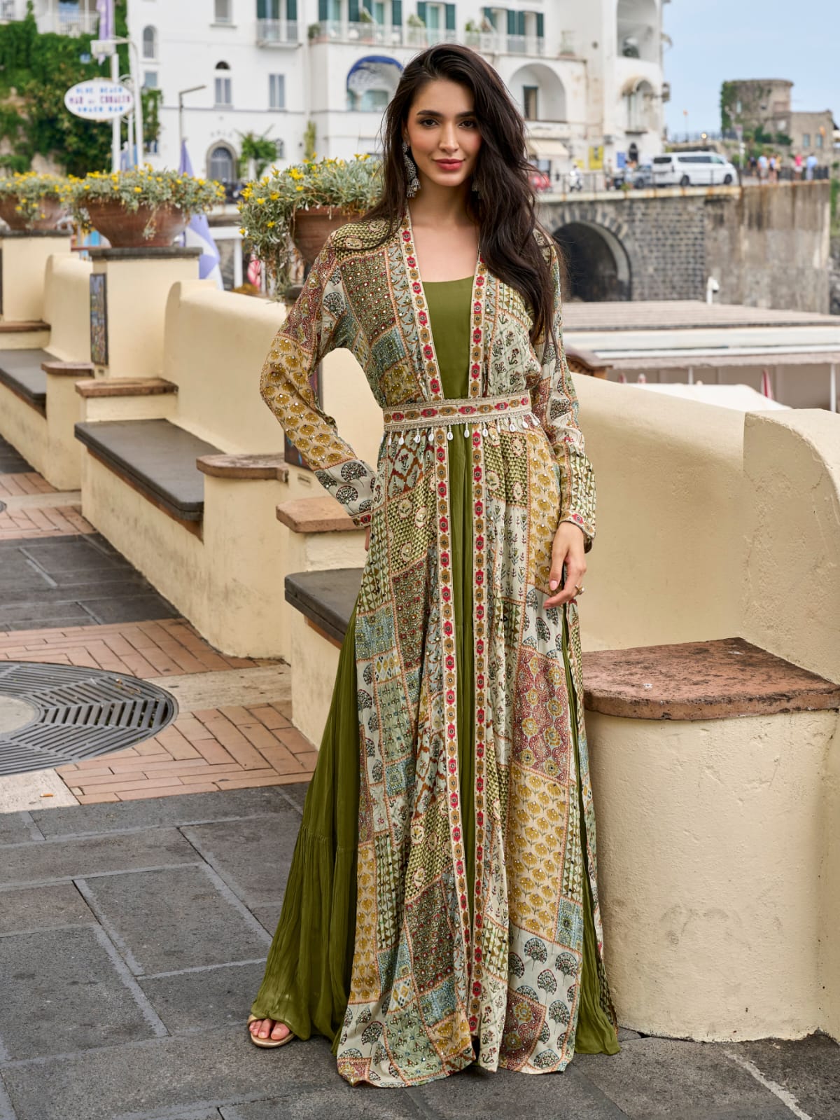 Olive Green Embroidered Gown with Multicolor Printed Jacket &amp; Belt