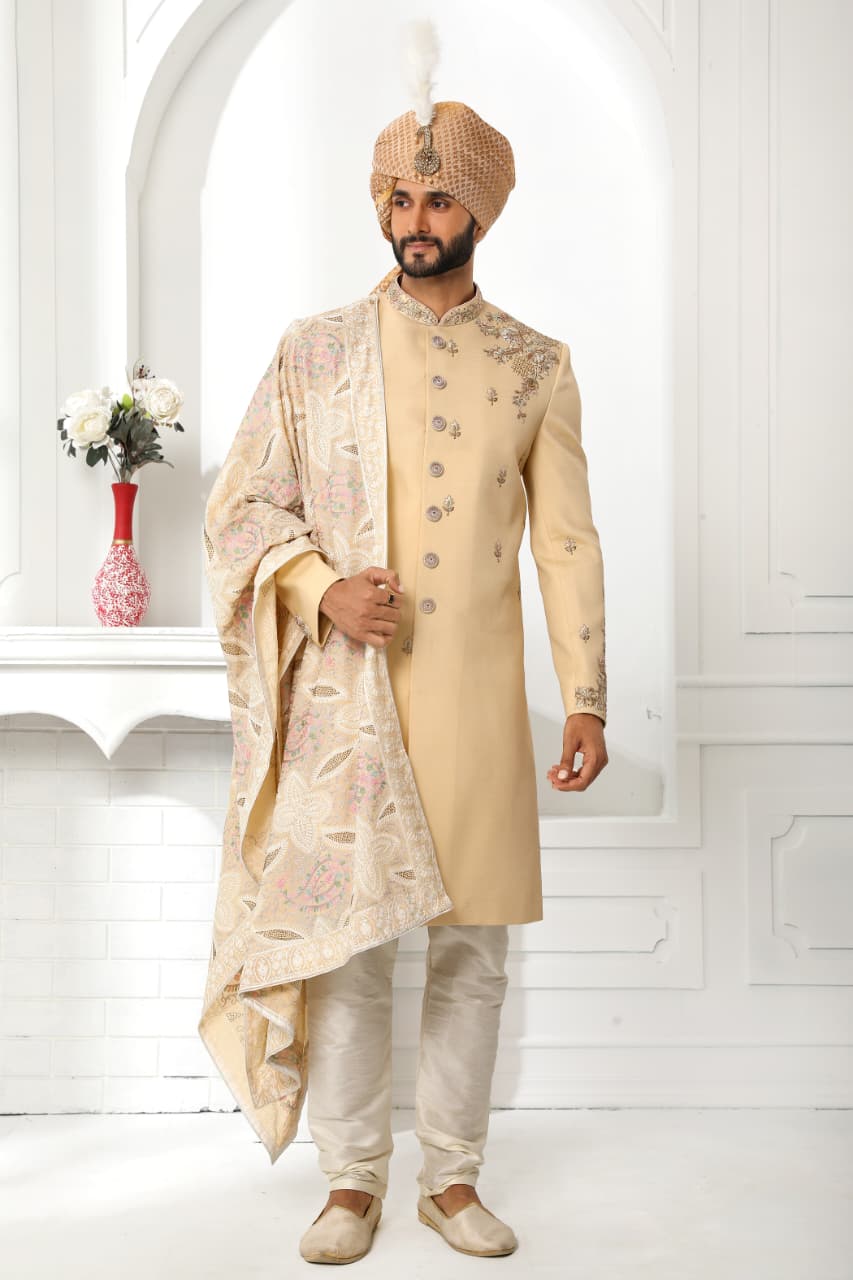 Pista Green Art Silk Sherwani for Men