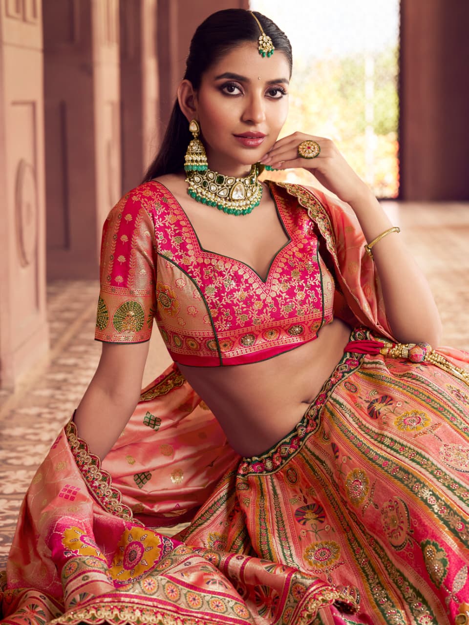 Pink Banarasi Silk Lehenga Choli with Swarovski &amp; Zari Work