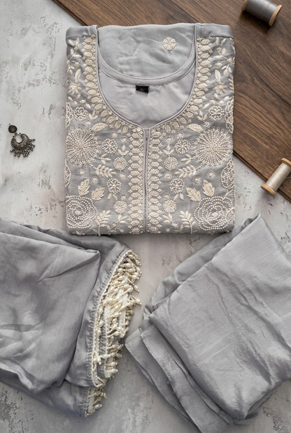 Pearl Grey Premium Chinon Beads Work Sharara Suit
