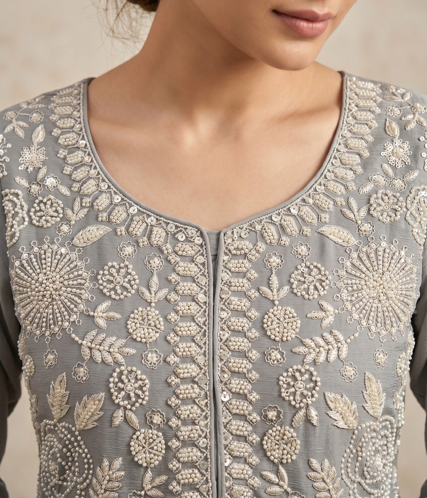 Pearl Grey Premium Chinon Beads Work Sharara Suit