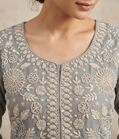Pearl Grey Premium Chinon Beads Work Sharara Suit