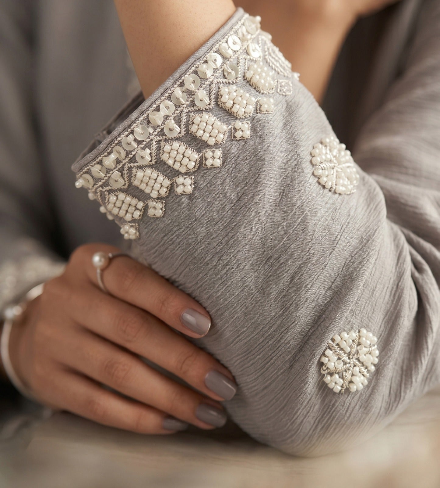 Pearl Grey Premium Chinon Beads Work Sharara Suit