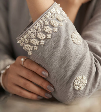 Pearl Grey Premium Chinon Beads Work Sharara Suit