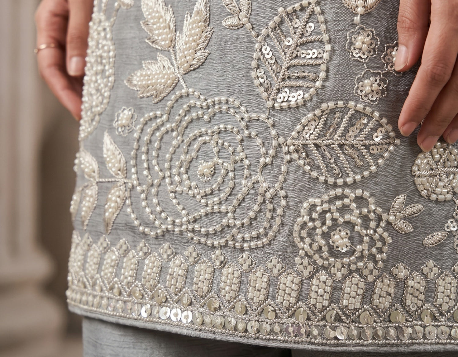 Pearl Grey Premium Chinon Beads Work Sharara Suit