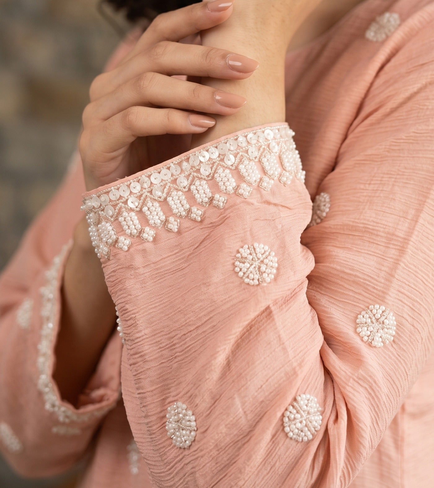 Blush Pink Premium Chinon Beads Work Designer Sharara Suit