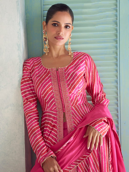 Pink Digital Printed Embroidered Chinon Anarkali Suit Set with Palazzo