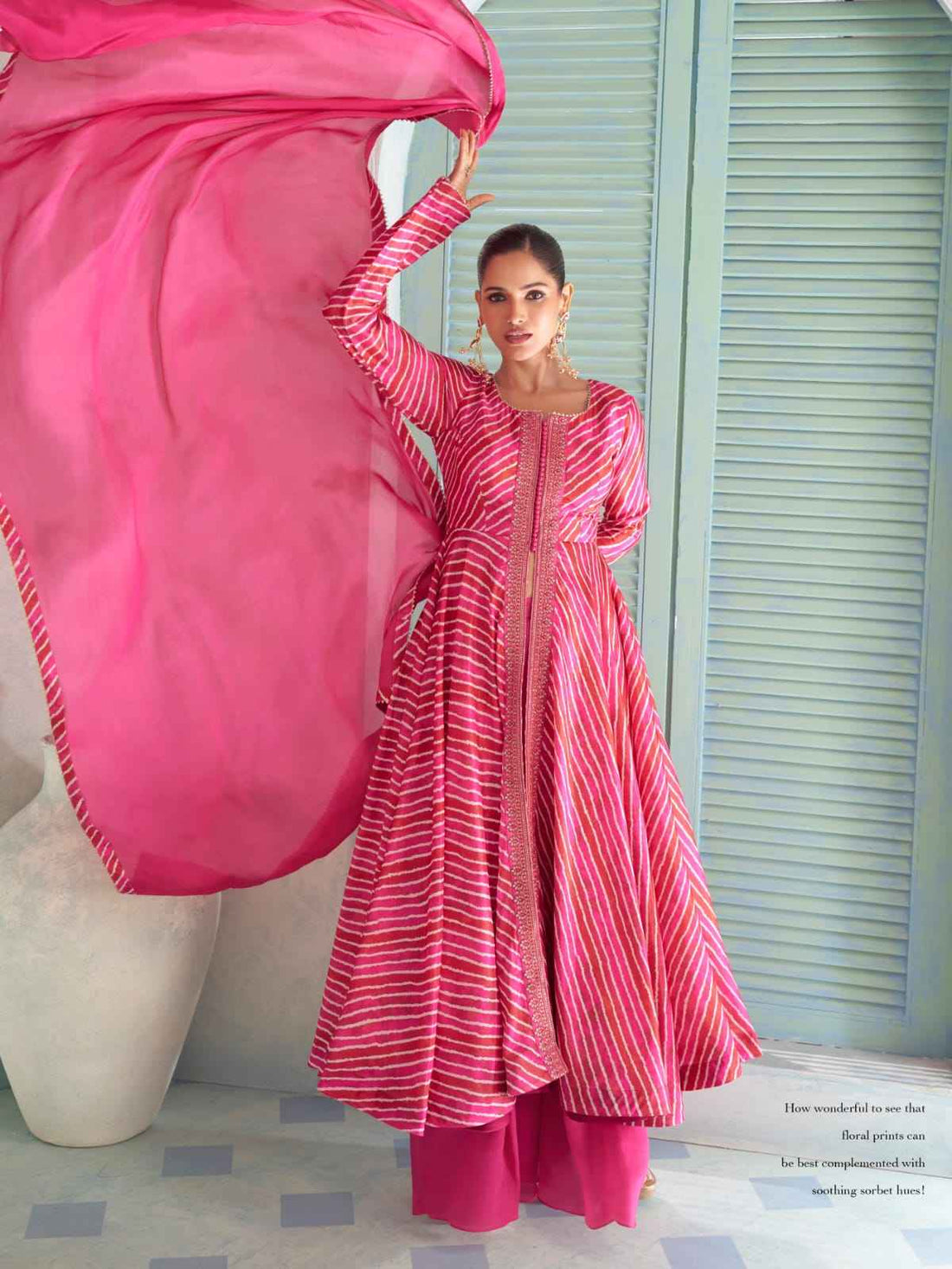 Pink Digital Printed Embroidered Chinon Anarkali Suit Set with Palazzo