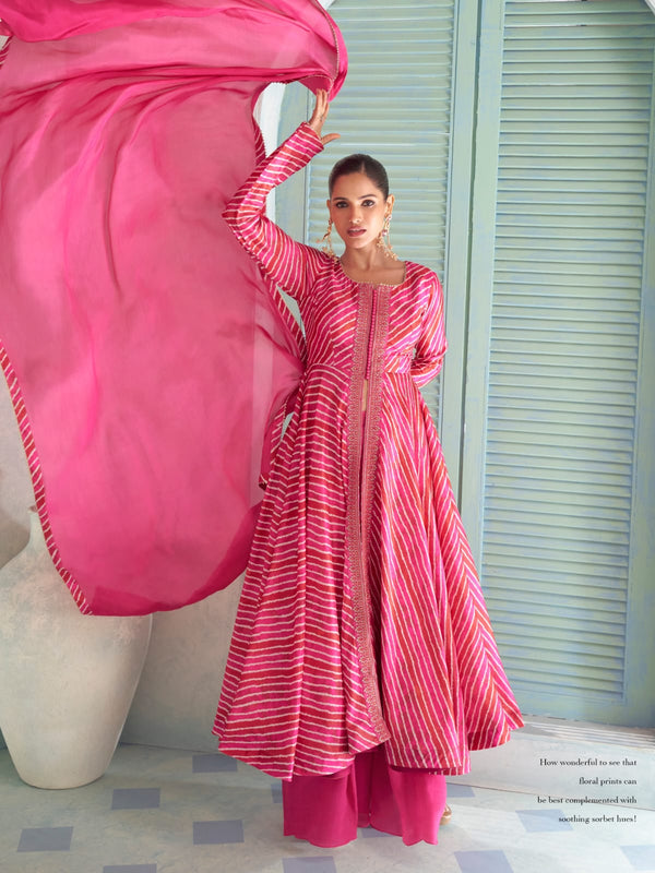Pink Digital Printed Embroidered Chinon Anarkali Suit Set with Palazzo
