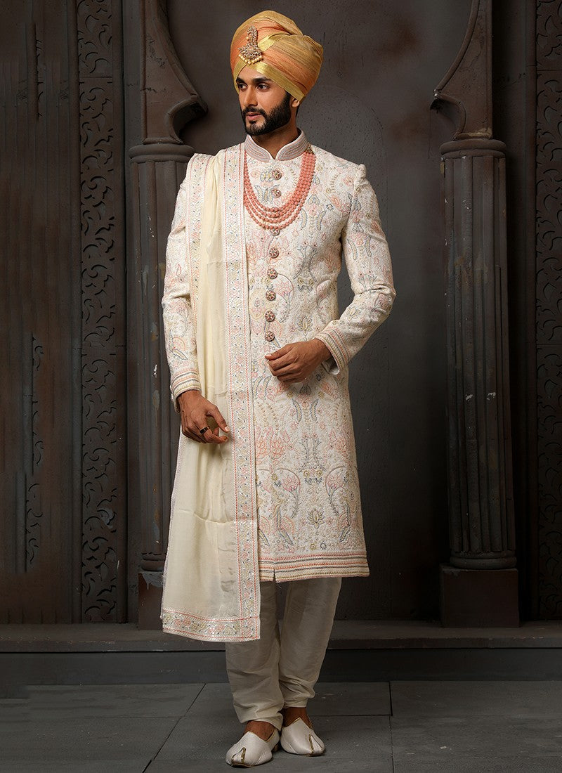 White and Peach Colour Wedding Wear Sherwani Suit D.No.1725 Anant Tex Exports Private Limited