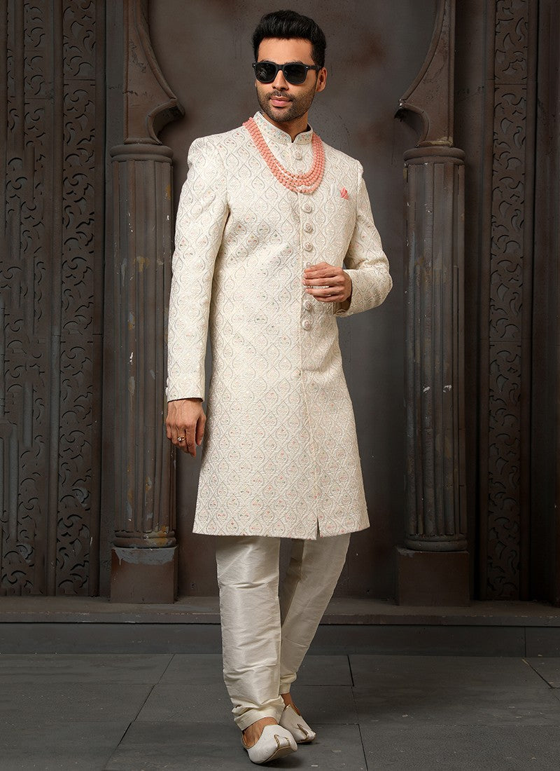 White and Peach Colour Wedding Wear Sherwani Suit D.No.1735 Anant Tex Exports Private Limited