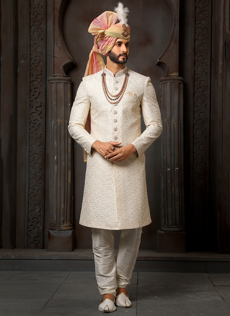 White Colour Wedding Wear Sherwani Suit - Main Image