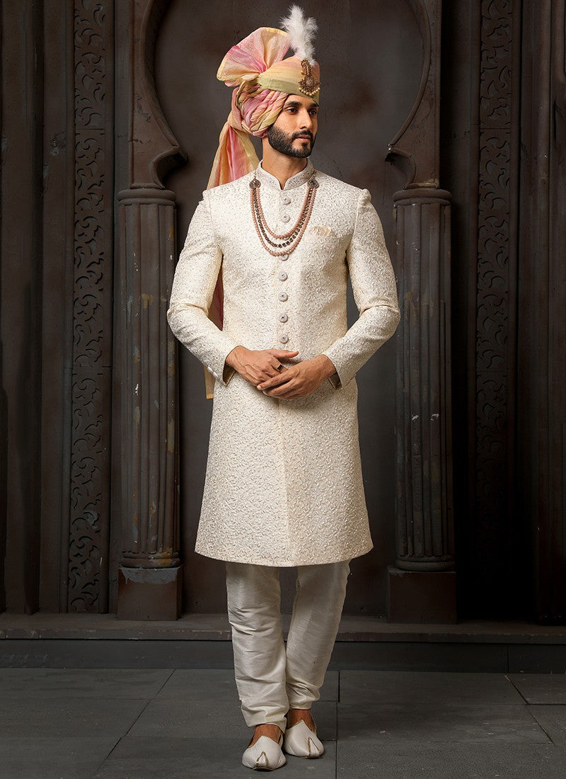 White Colour Wedding Wear Sherwani Suit D.No.1727 Anant Tex Exports Private Limited