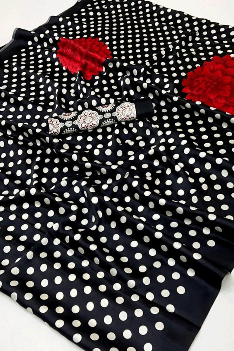 Black Pure Modal Satin Ajrakh Print Satin Saree Japan Satin Saree Anant Tex Exports Pvt.Ltd..