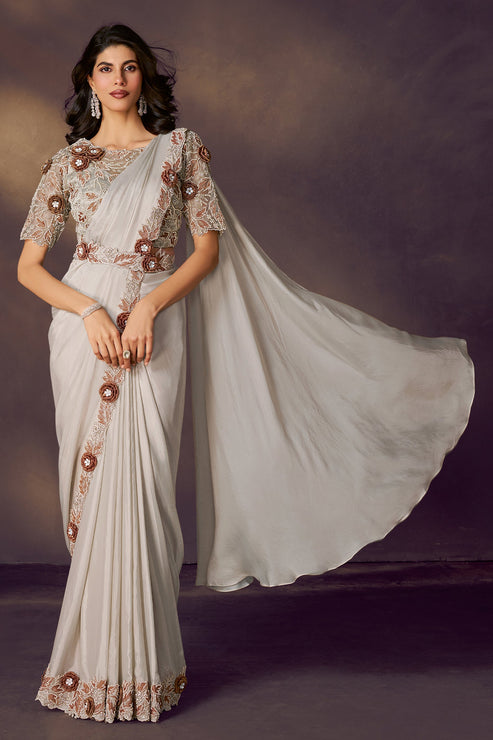 Off White Pure Soft Crush Satin Silk Ready to Wear Saree 