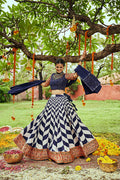 White & Navy Maslin Cotton Digital Printed With Thread Embroidered With All Over Mirror Work Lehenga.