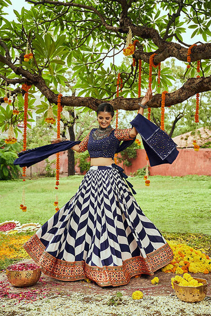 White &amp; Navy Maslin Cotton Digital Printed With Thread Embroidered With All Over Mirror Work Lehenga.
