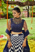 White & Navy Maslin Cotton Digital Printed With Thread Embroidered With All Over Mirror Work Lehenga.