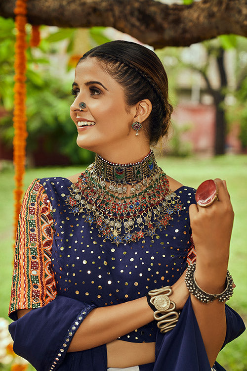 White & Navy Maslin Cotton Digital Printed With Thread Embroidered With All Over Mirror Work Lehenga.