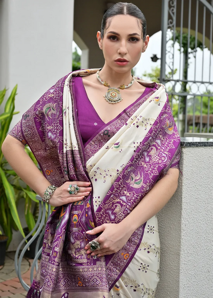 White &amp; Purple Pure Soft Banarasi Silk Patola Zari Woven Saree 