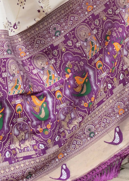 White &amp; Purple Pure Soft Banarasi Silk Patola Zari Woven Saree 