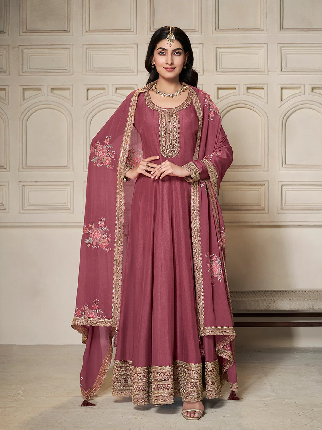 Wine Dola Silk Anarkali Suit with Heavy Sequins Hand Embroidery