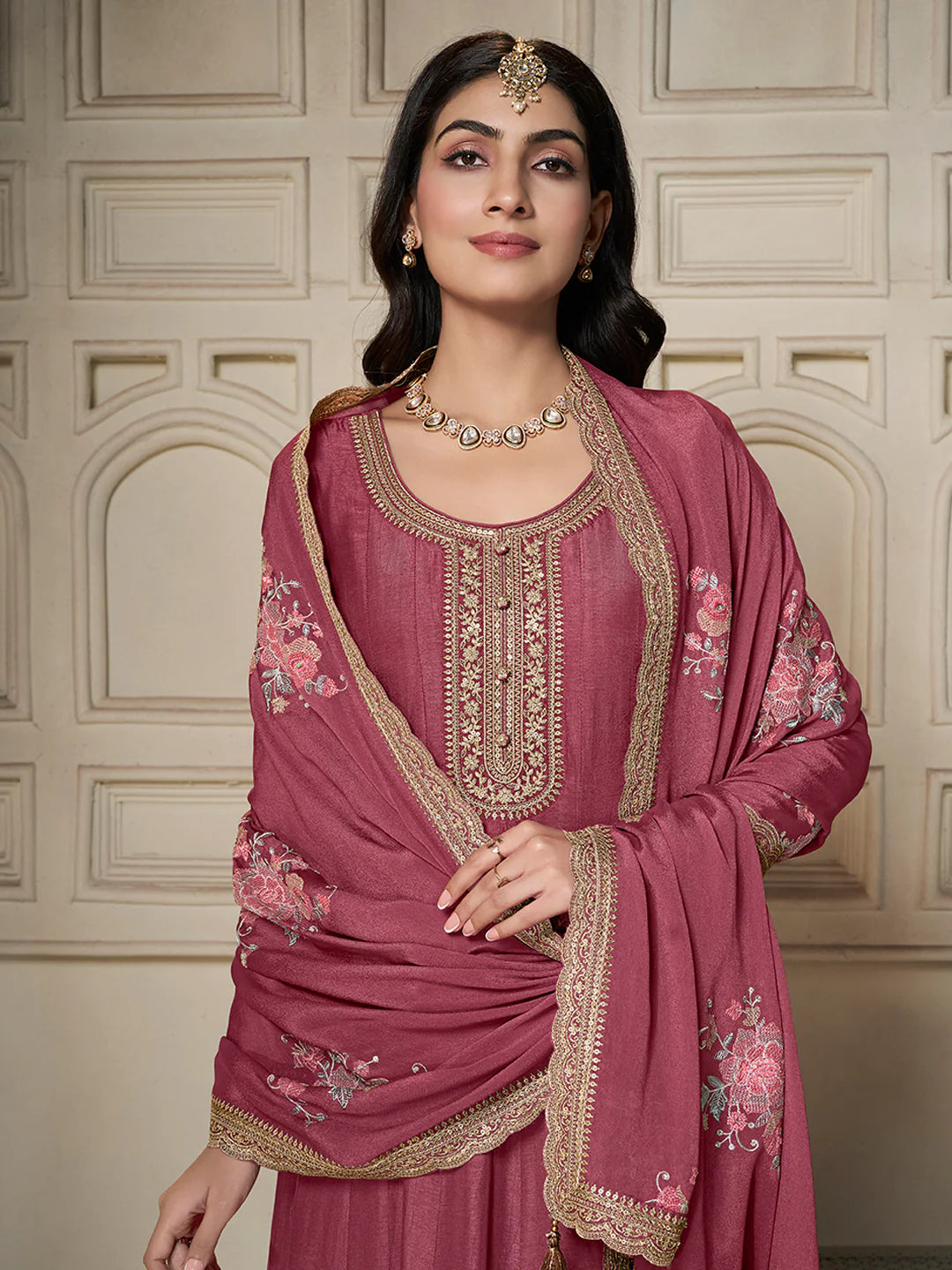 Wine Dola Silk Anarkali Suit with Heavy Sequins Hand Embroidery