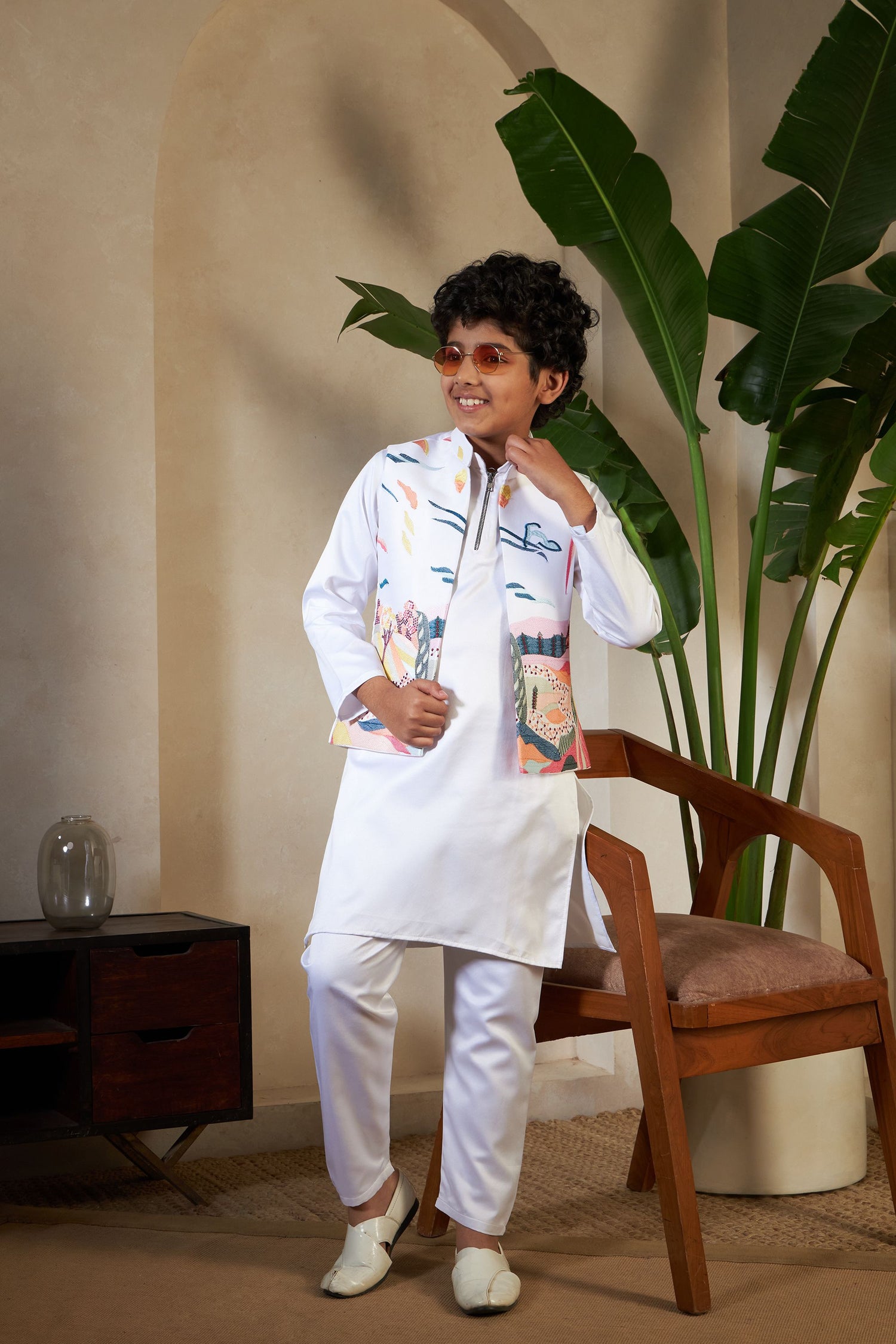 White Pure Satin Silk Kids Boy Kurta Pajama With Koti Jacket 