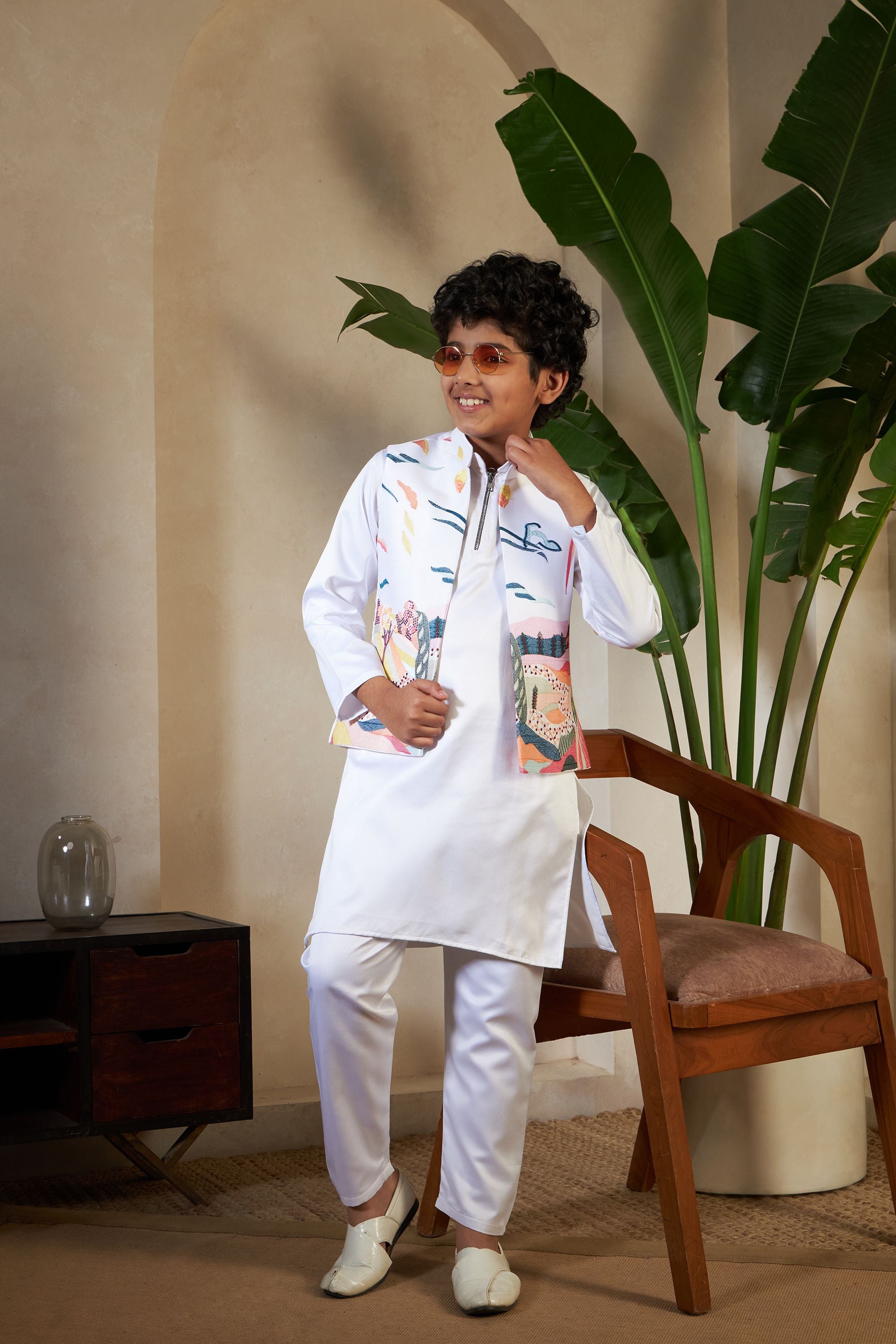 White Pure Satin Silk Kids Boy Kurta Pajama With Koti Jacket 