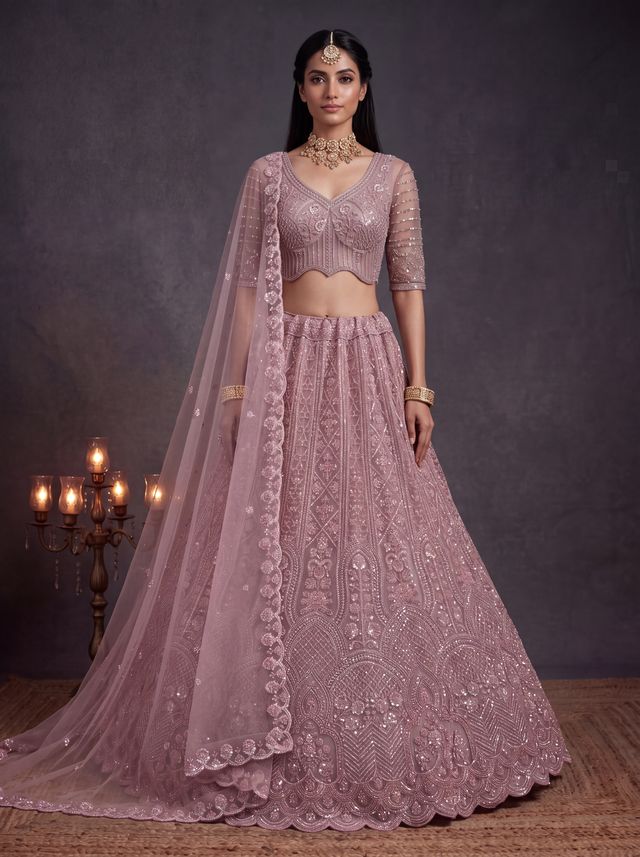 Pink Pure Heavy Net Motif Handwork Zari Sequins Work Bridal Lehenga Choli