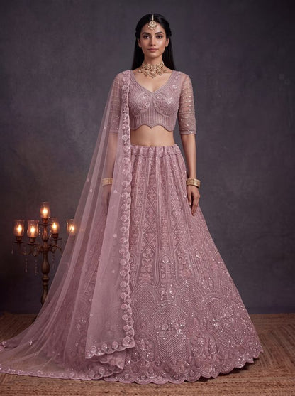 Pink Pure Heavy Net Motif Handwork Zari Sequins Work Bridal Lehenga Choli