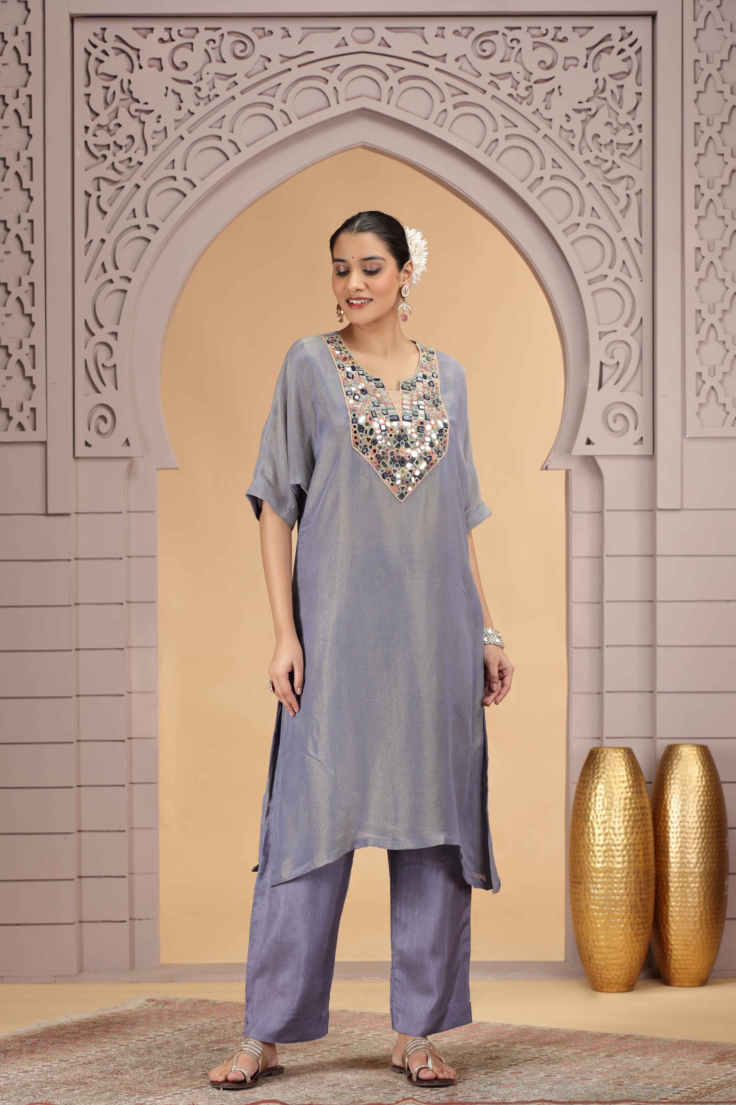 Grey Organza Shimmer A-Line Kurta with Loose Pant Set Kurta Set Anant Tex Exports Pvt.Ltd..