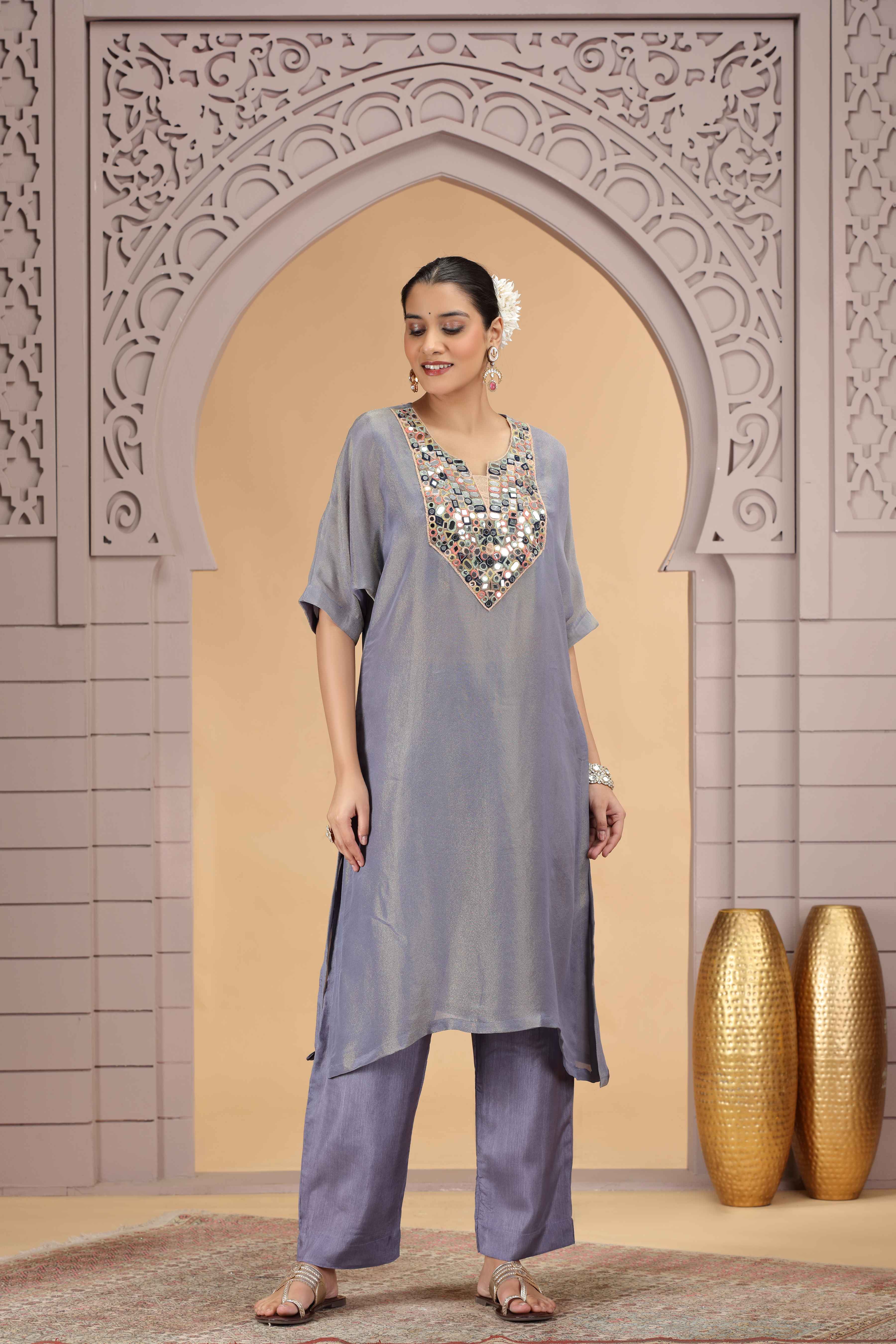 Grey Organza Shimmer A-Line Kurta with Loose Pant Set Kurta Set Anant Tex Exports Pvt.Ltd..