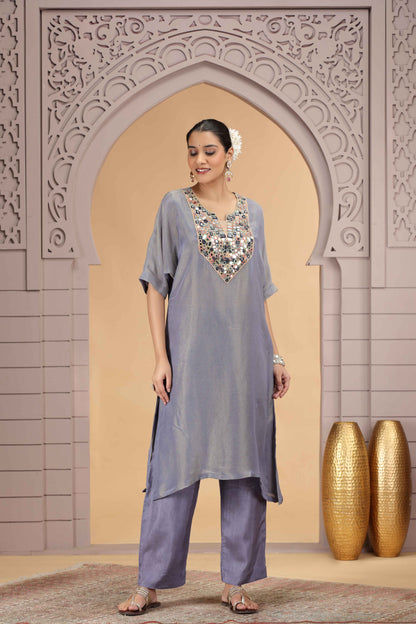 Grey Organza Shimmer A-Line Kurta with Loose Pant Set Kurta Set Anant Tex Exports Pvt.Ltd..