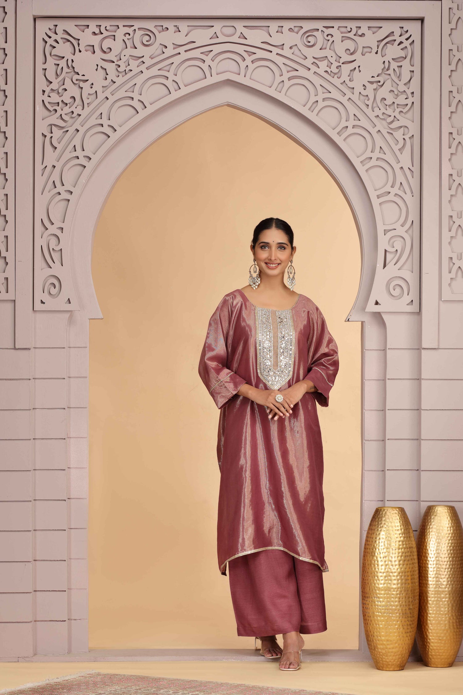 Magenta Orgenza Shimmer A-Line Kurta Set with Palazzo Kurta Set Anant Tex Exports Pvt.Ltd..