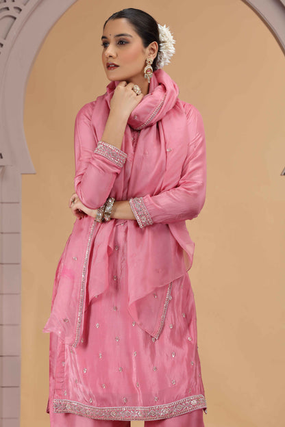 Pink Satin Silk Straight Suit with Farsi Pant &amp; Chiffon Dupatta Straight Suit Anant Tex Exports Pvt.Ltd..