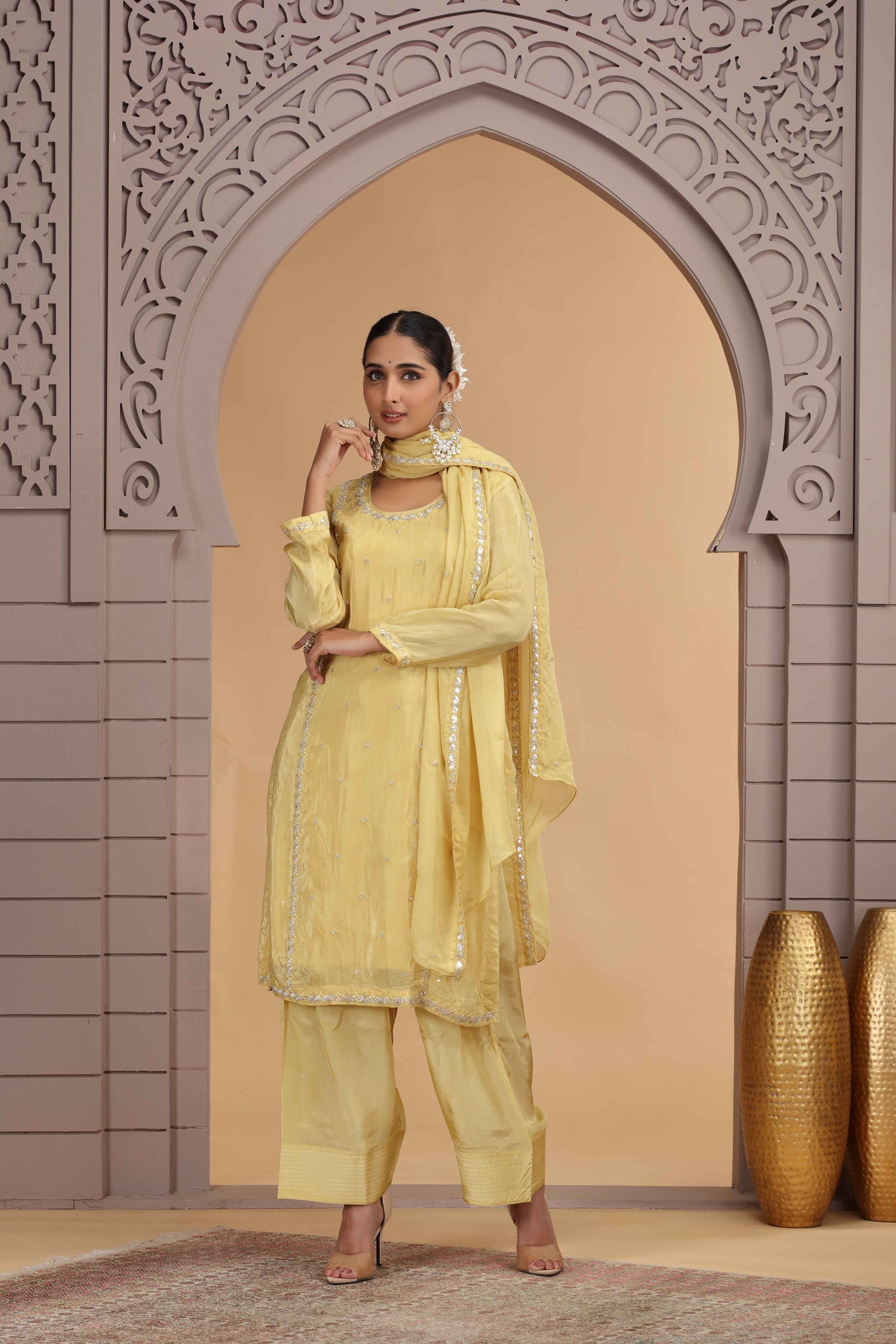 Yellow Satin Silk Straight Suit with Farsi Pant &amp; Chiffon Dupatta Straight Suit Anant Tex Exports Pvt.Ltd..